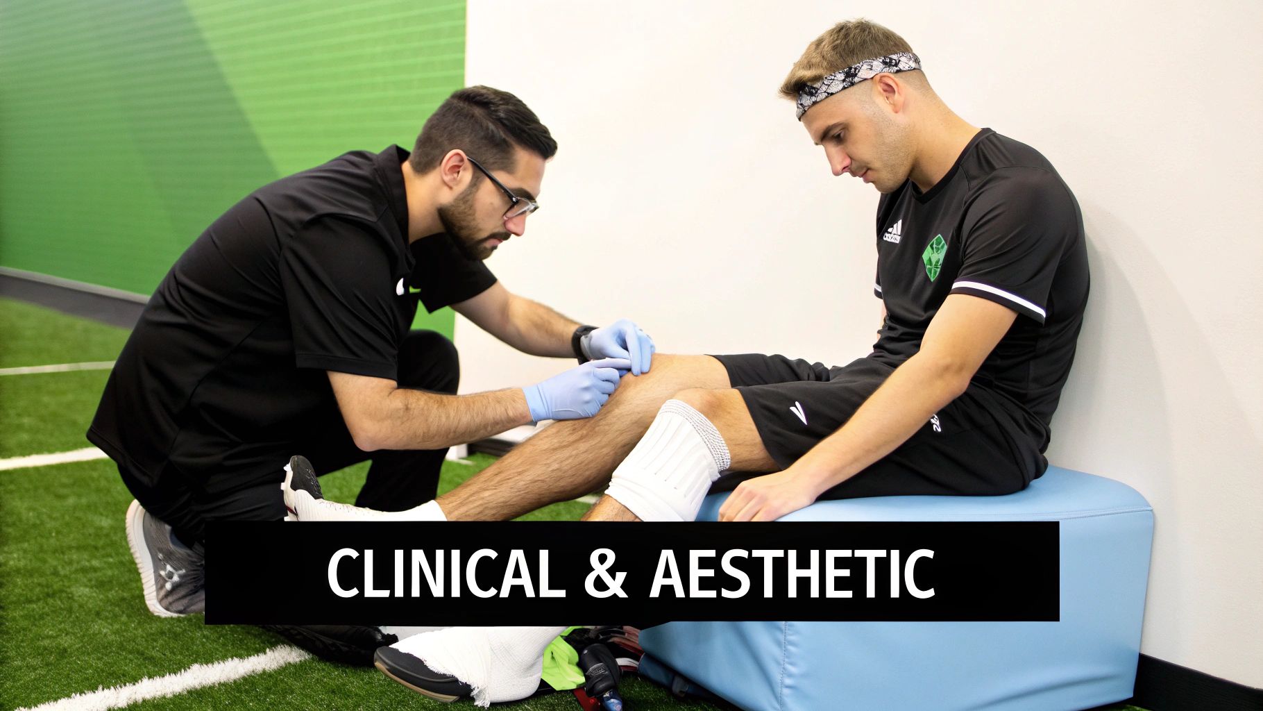 A physical therapist in gloves administers a localized treatment to a male athlete's knee.