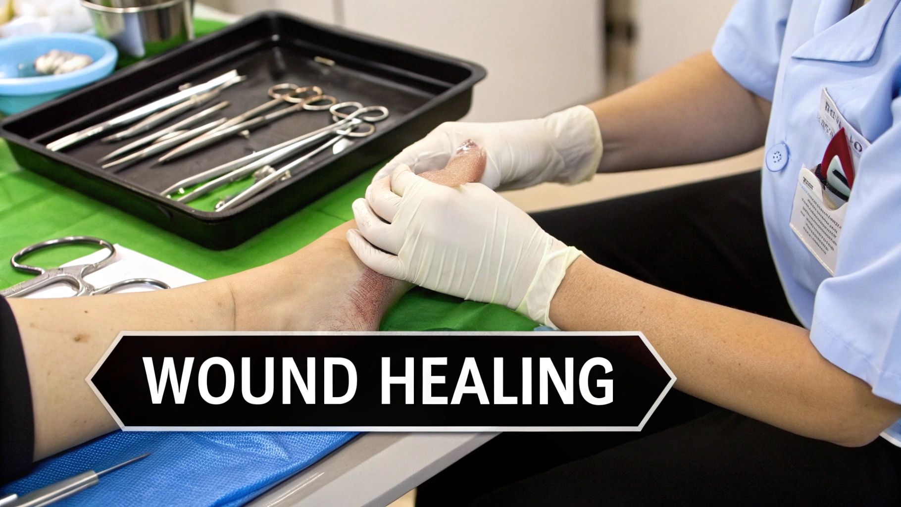 A medical professional in gloves treats a patient's foot with surgical tools, indicating wound care.