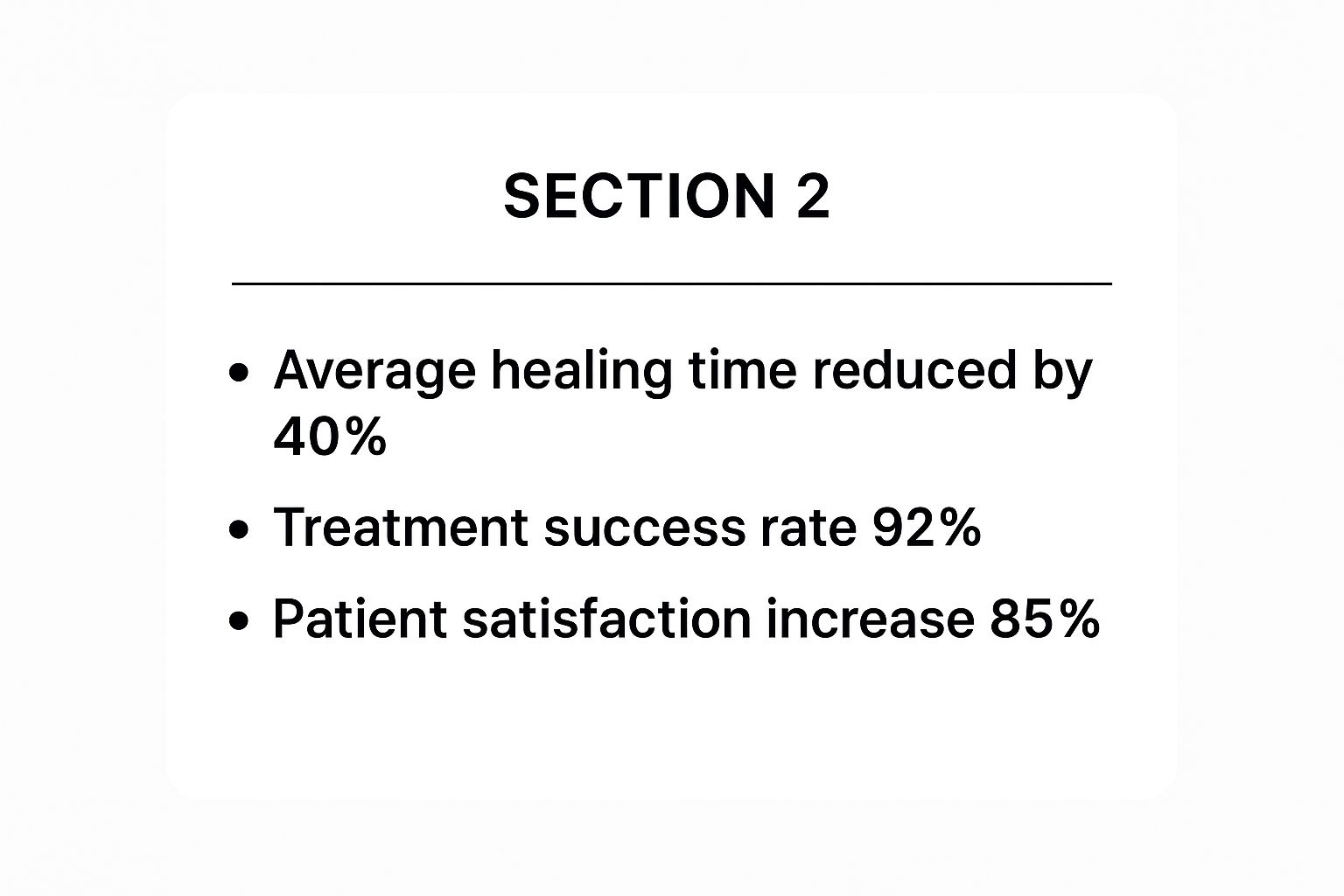 An infographic summarizing key data points related to med bed technology, showing a 40% reduction in healing time, a 92% treatment success rate, and an 85% increase in patient satisfaction.