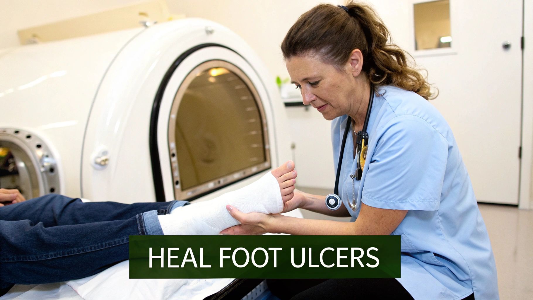 A nurse attends to a patient's bandaged foot, indicating treatment for foot ulcers, near a hyperbaric chamber.