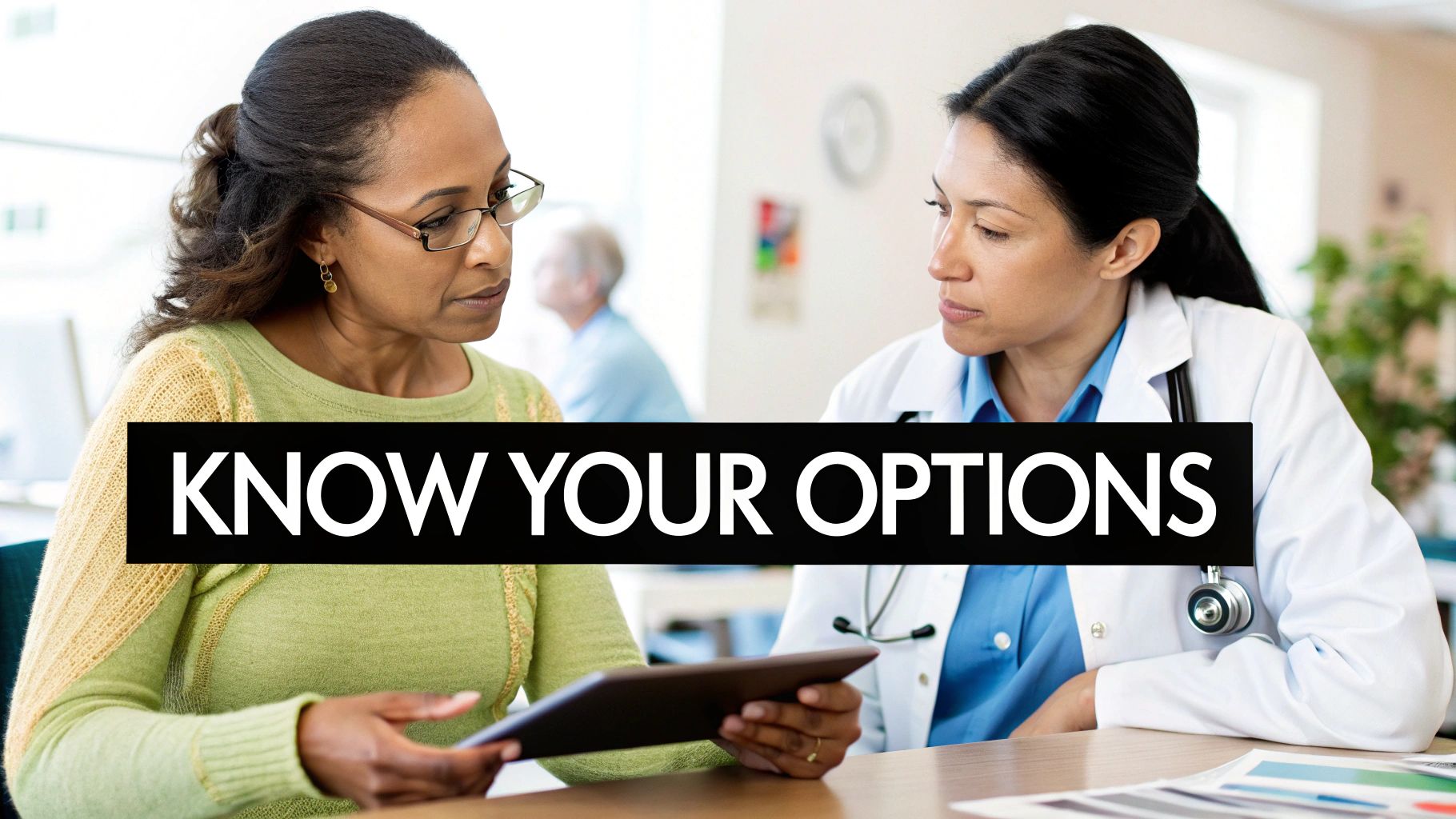 A doctor and patient discuss medical options while looking at a tablet, with the text 'KNOW YOUR OPTIONS'.