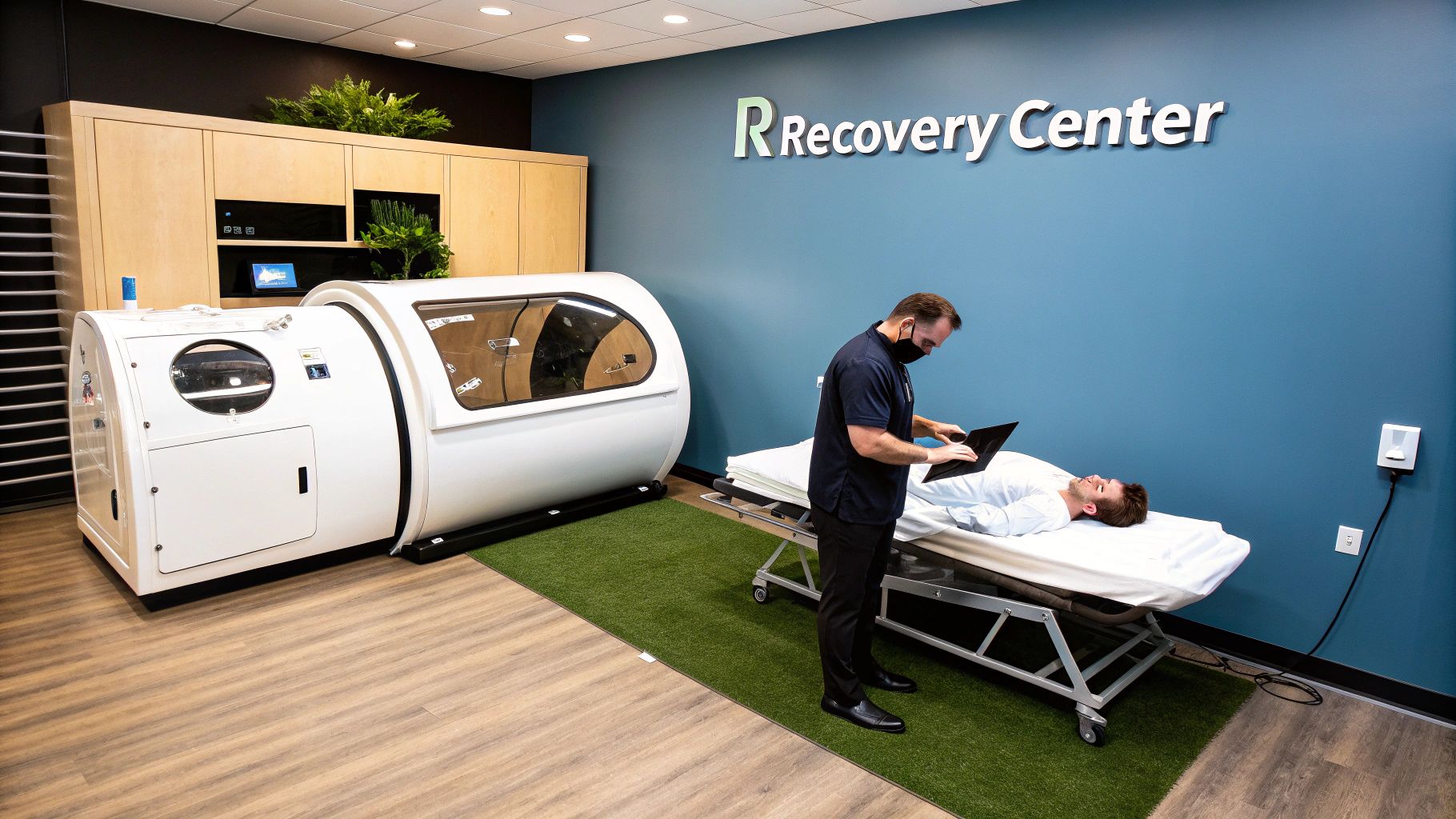 A medical professional checks on a patient next to a hyperbaric chamber in a modern recovery center.