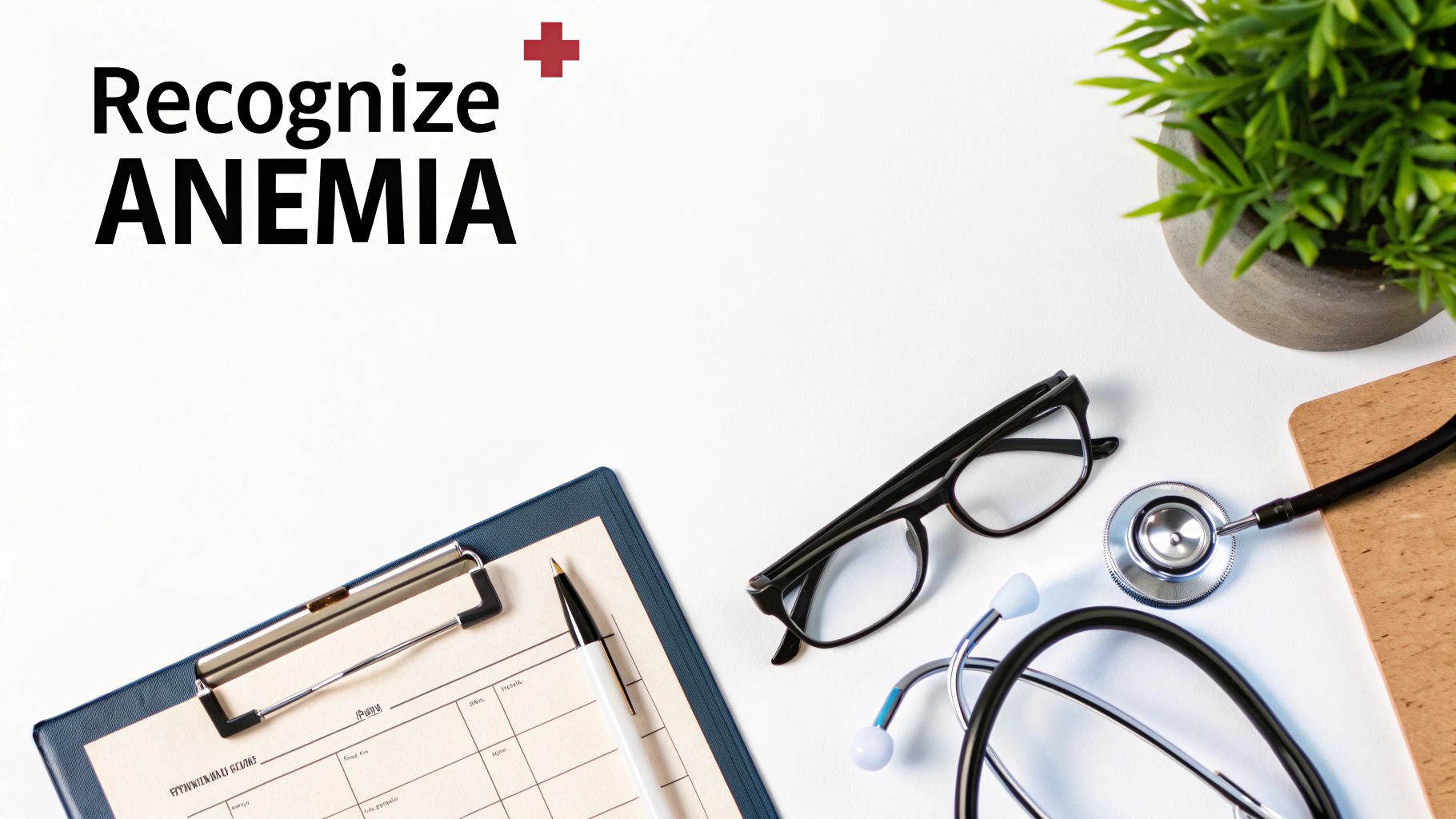 Desk flat lay with medical equipment, a plant, and text 'Recognize ANEMIA' for awareness.