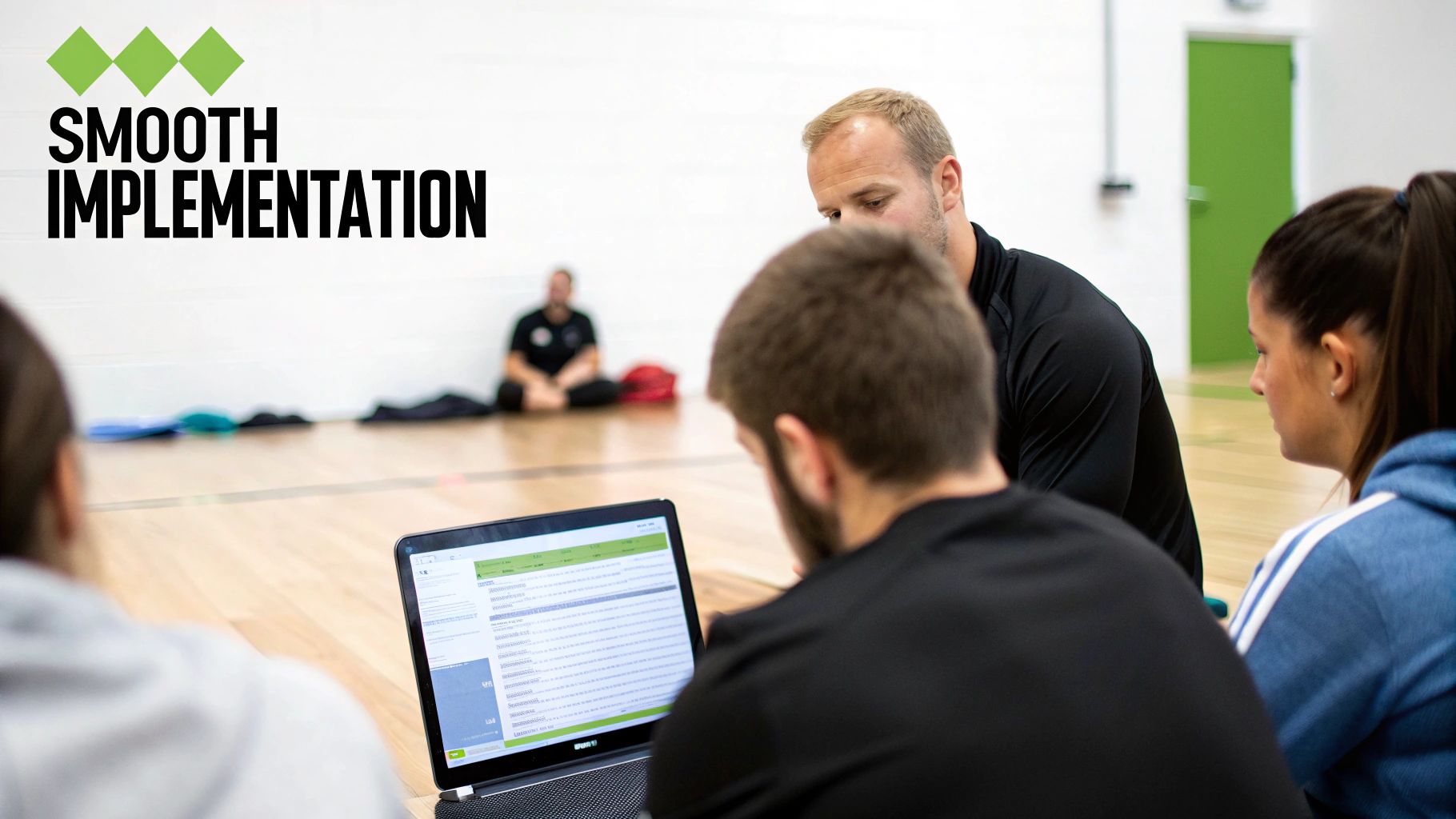 A team collaborating on a software implementation plan in a modern office setting.