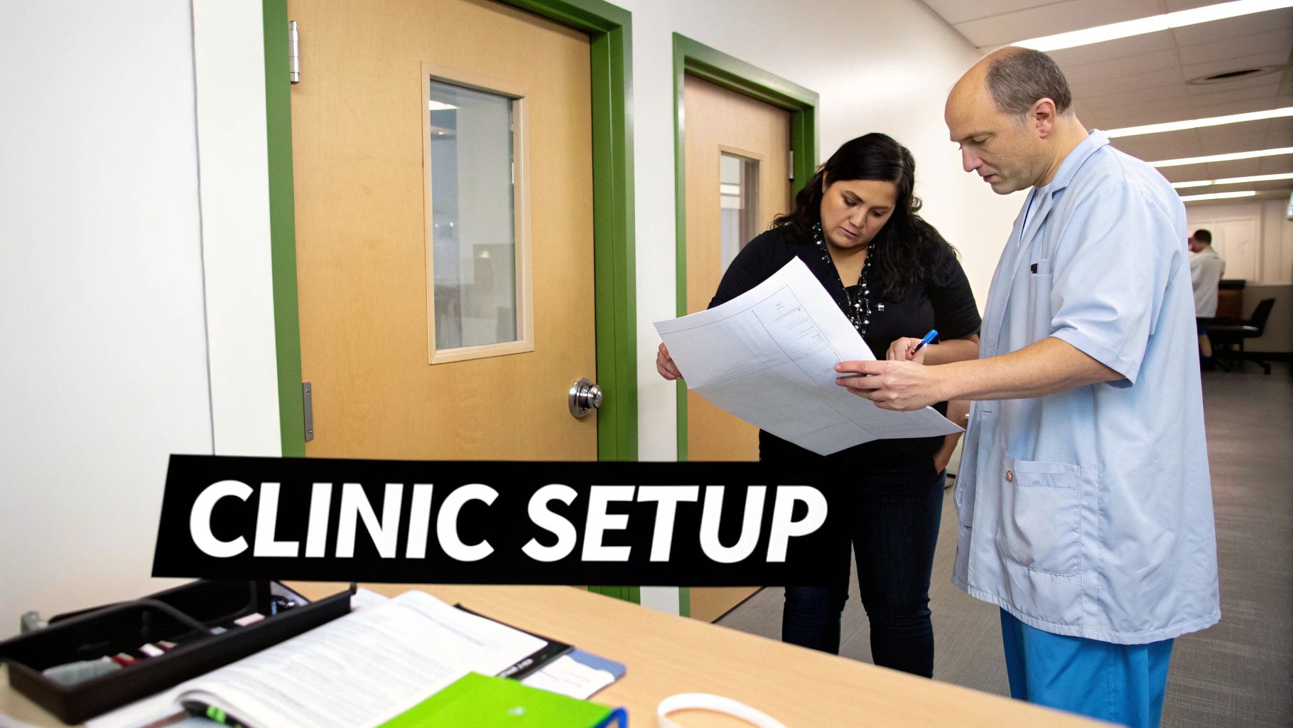 Two medical professionals review clinic setup blueprints in a healthcare environment.