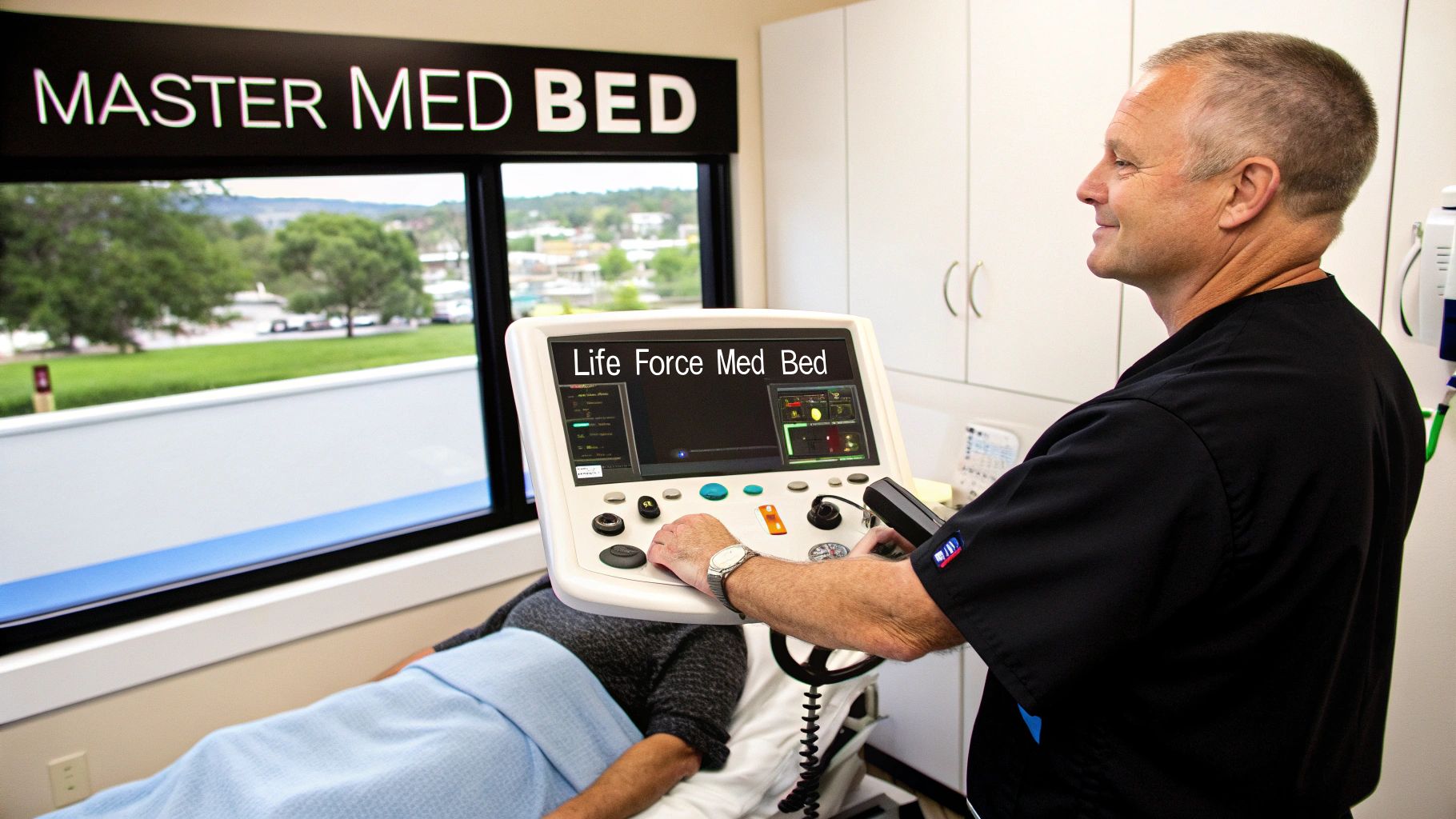 A medical professional operates a 'Life Force Med Bed' control panel for a patient.
