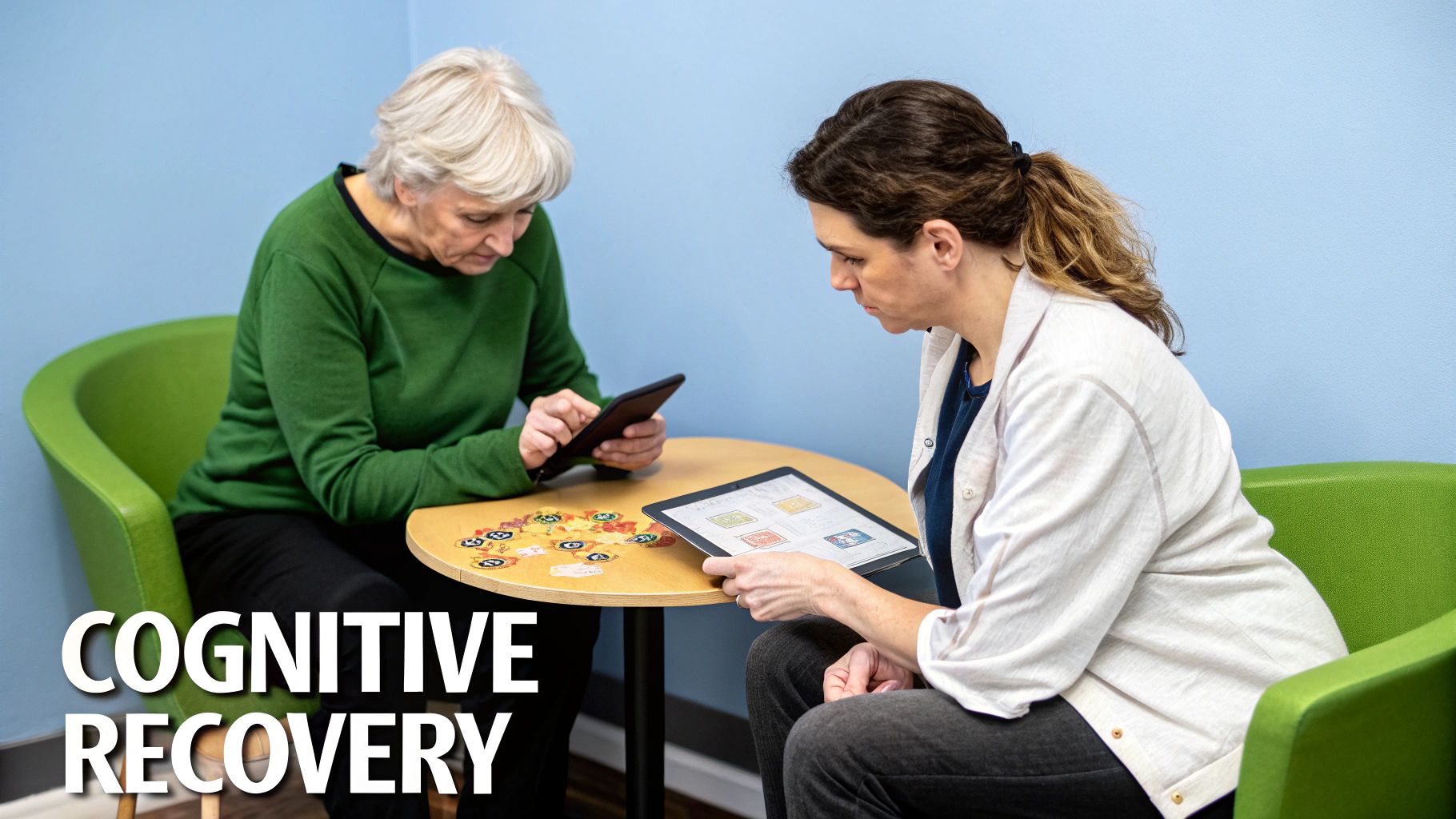 Two women seated at a table, focused on cognitive recovery exercises on tablets.