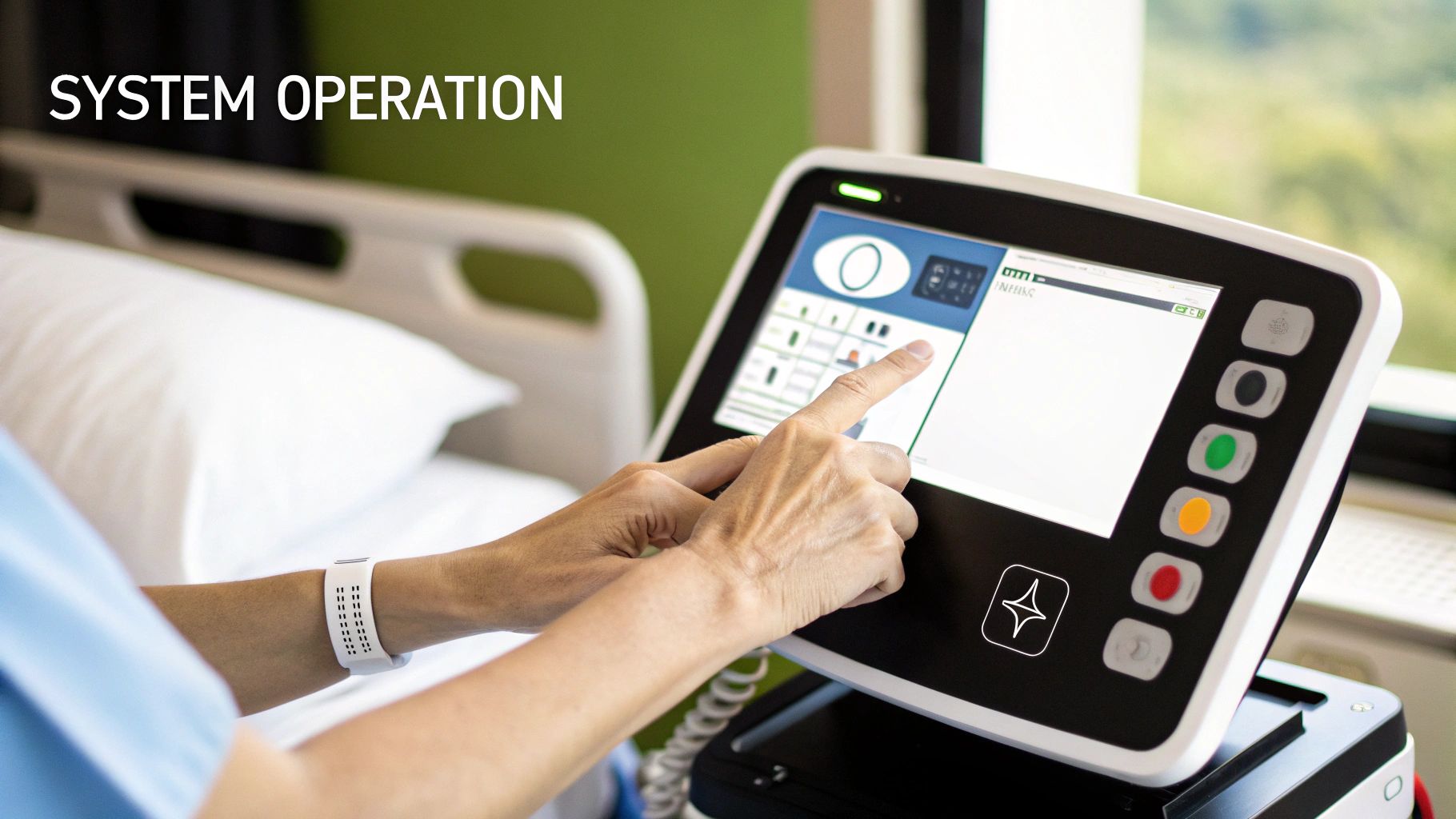 A person operating a futuristic med bed interface