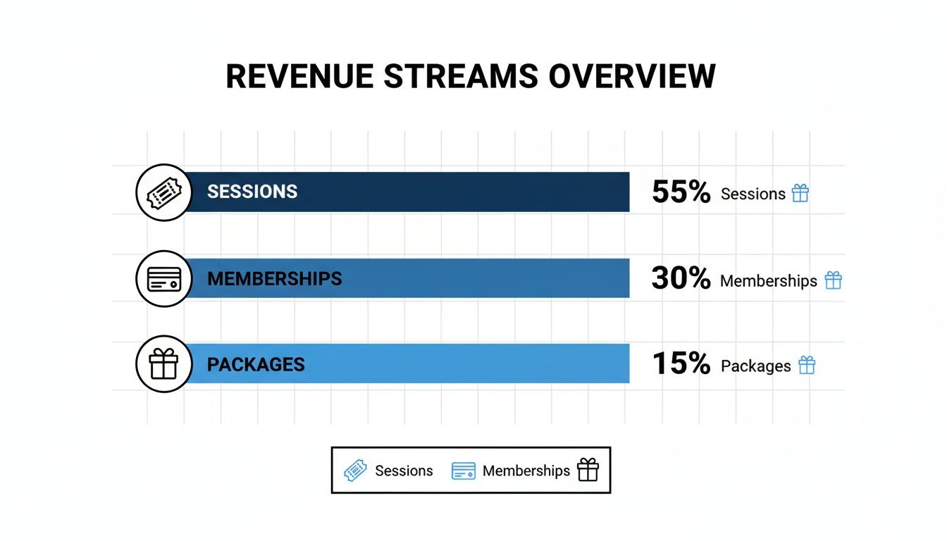 Horizontal bar chart visualizing revenue streams: Sessions (55%), Memberships (30%), and Packages (15%).