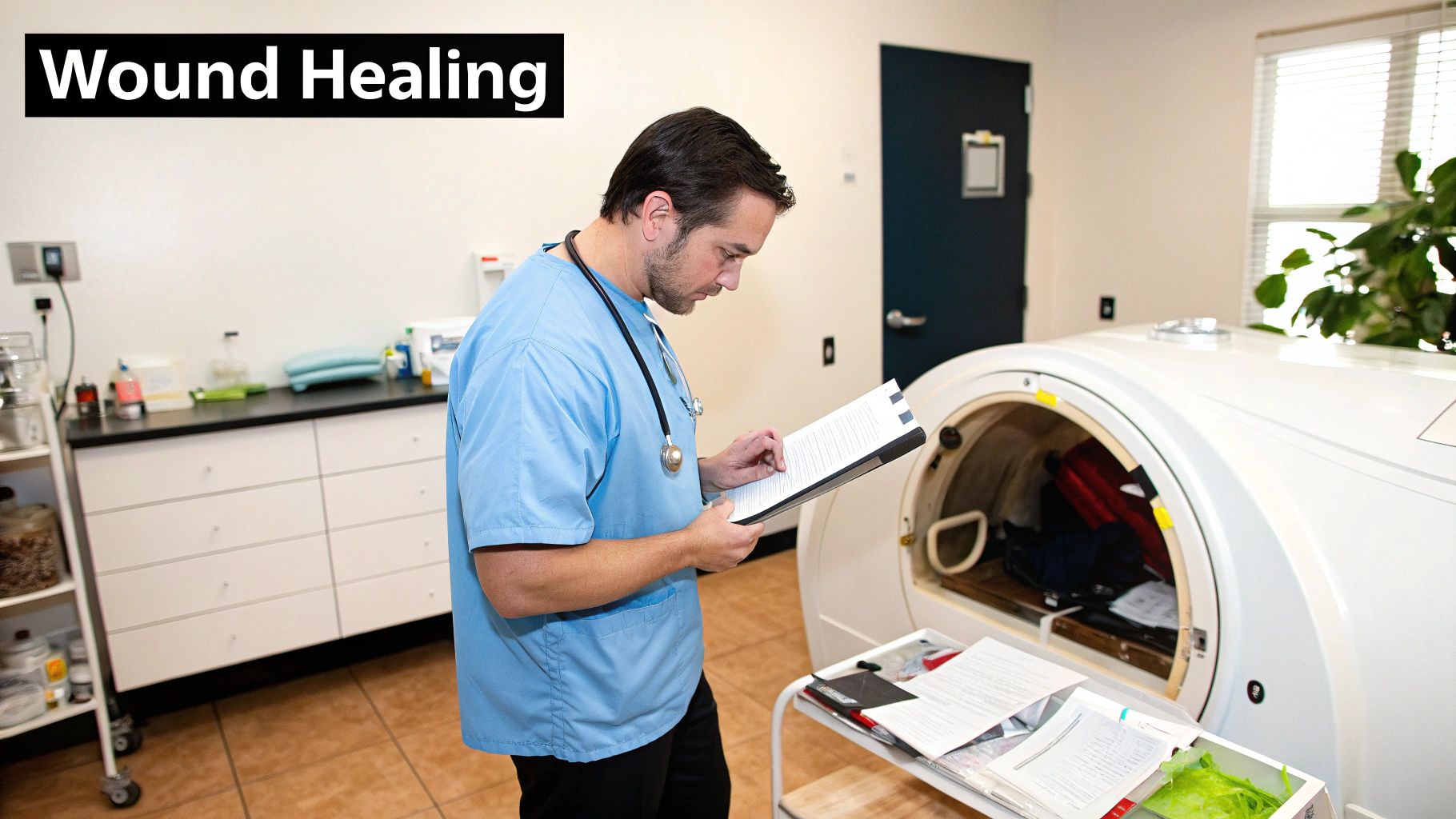 A male medical professional in scrubs reviews patient charts in a room with a hyperbaric chamber.