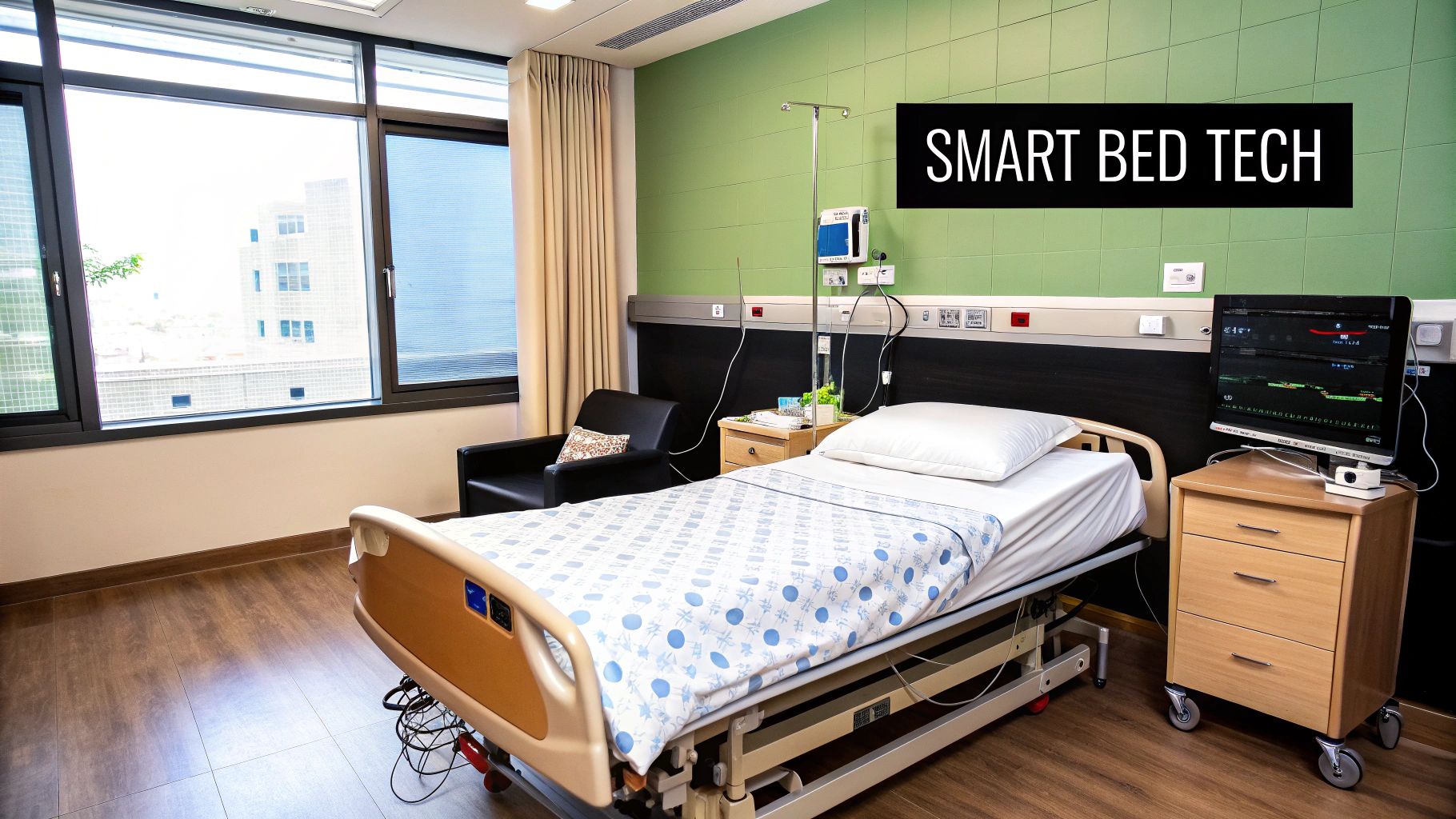 A smart bed in a modern, clean room with data overlays showing health metrics being monitored.
