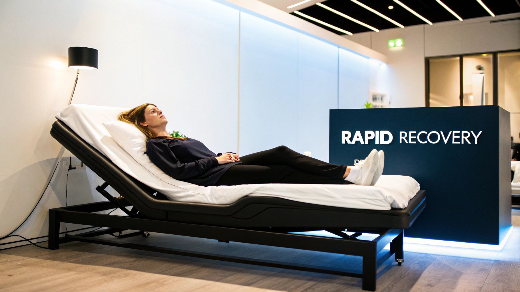 Woman relaxing comfortably on an adjustable recovery bed with a "RAPID RECOVERY" sign.