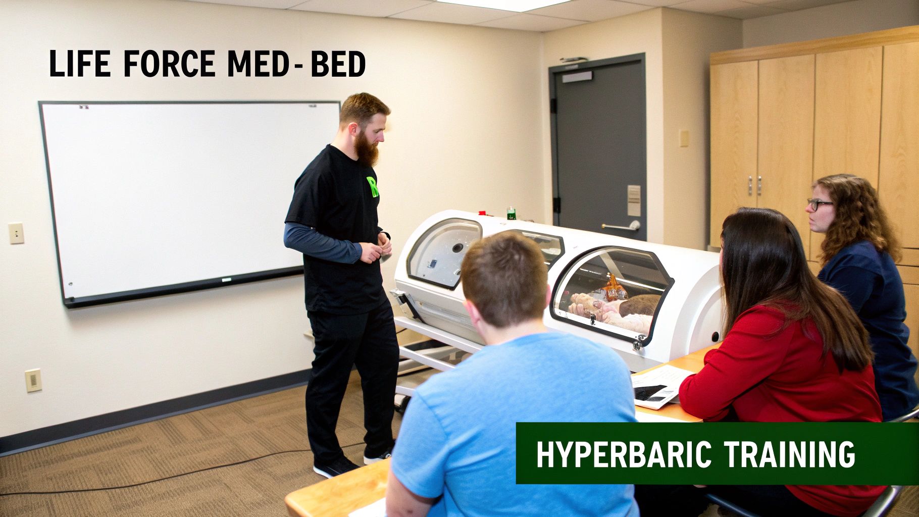 An instructor demonstrates a hyperbaric chamber to students during a medical training course.