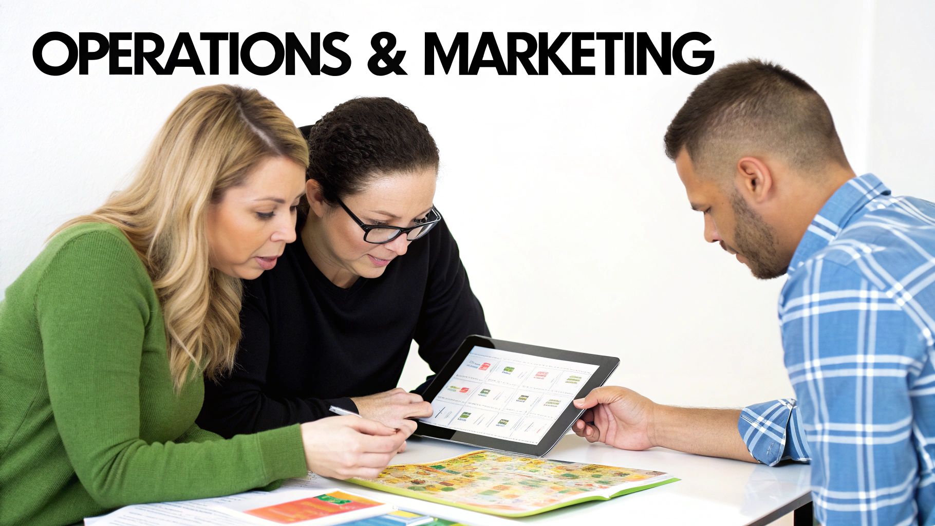 Three colleagues discussing business operations and marketing strategies, looking at a tablet and documents.