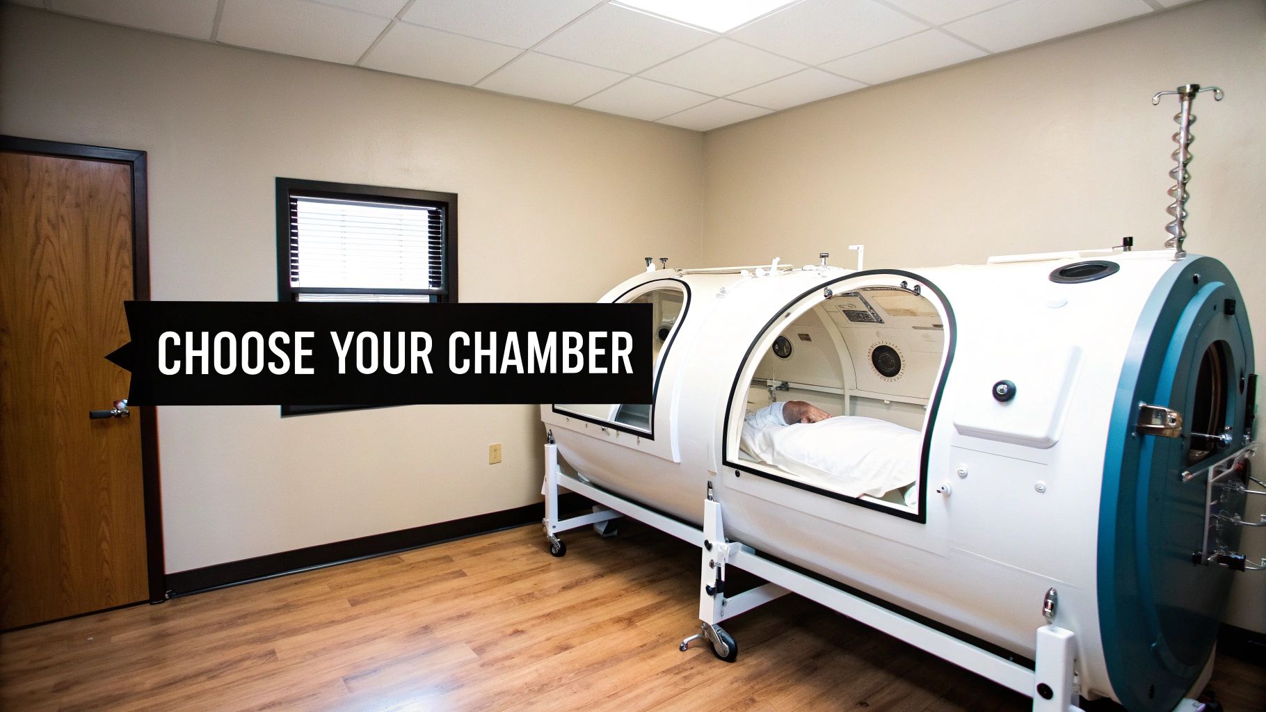 Inside a modern room, two hyperbaric oxygen therapy chambers are ready, one occupied by a person.