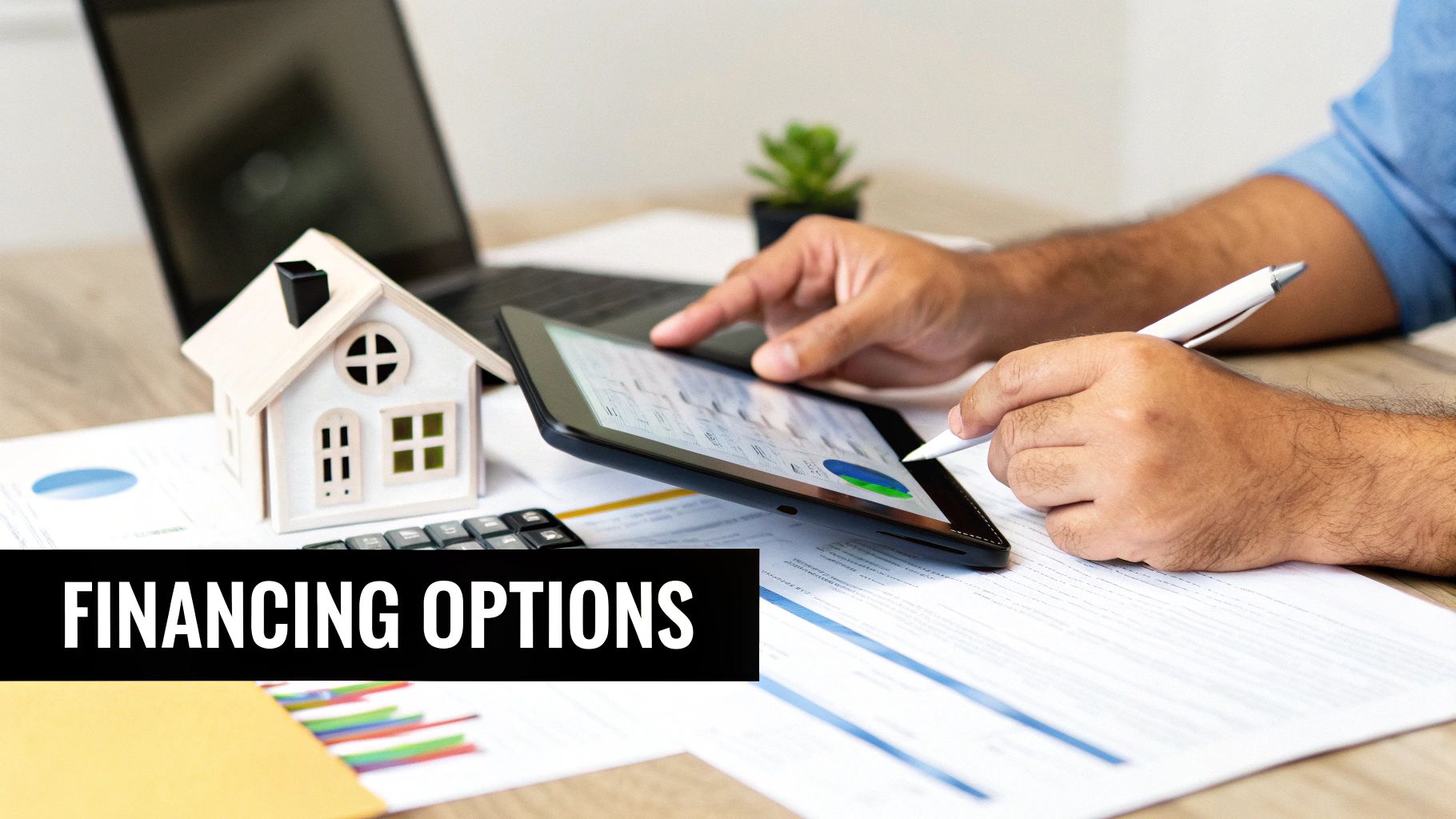 A person reviews home financing options on a tablet, surrounded by a house model, calculator, and documents.