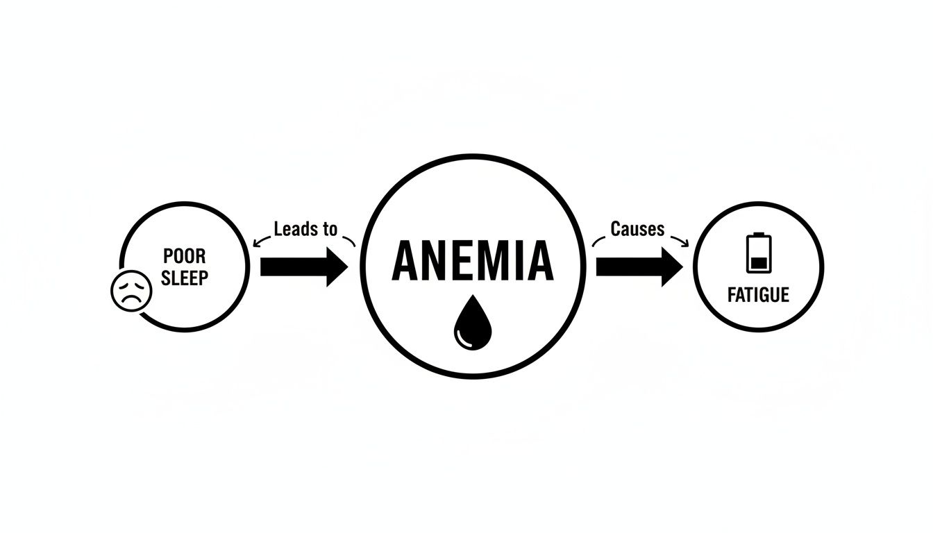 A diagram showing poor sleep leads to anemia, which then causes fatigue, visually represented by icons.