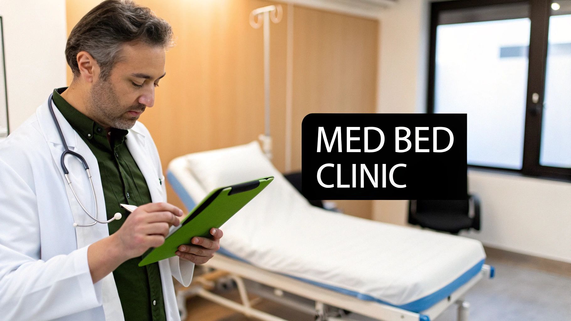 A doctor in a white coat examines a tablet in a clinic room with a medical bed.