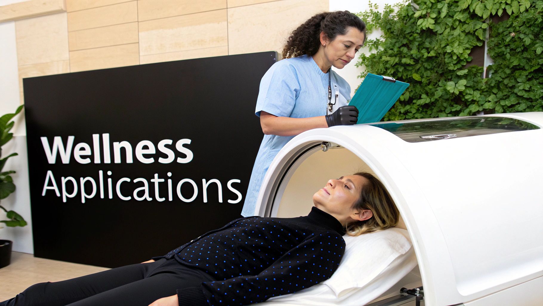 Patient undergoing wellness treatment in a hyperbaric chamber, attended by a healthcare provider.