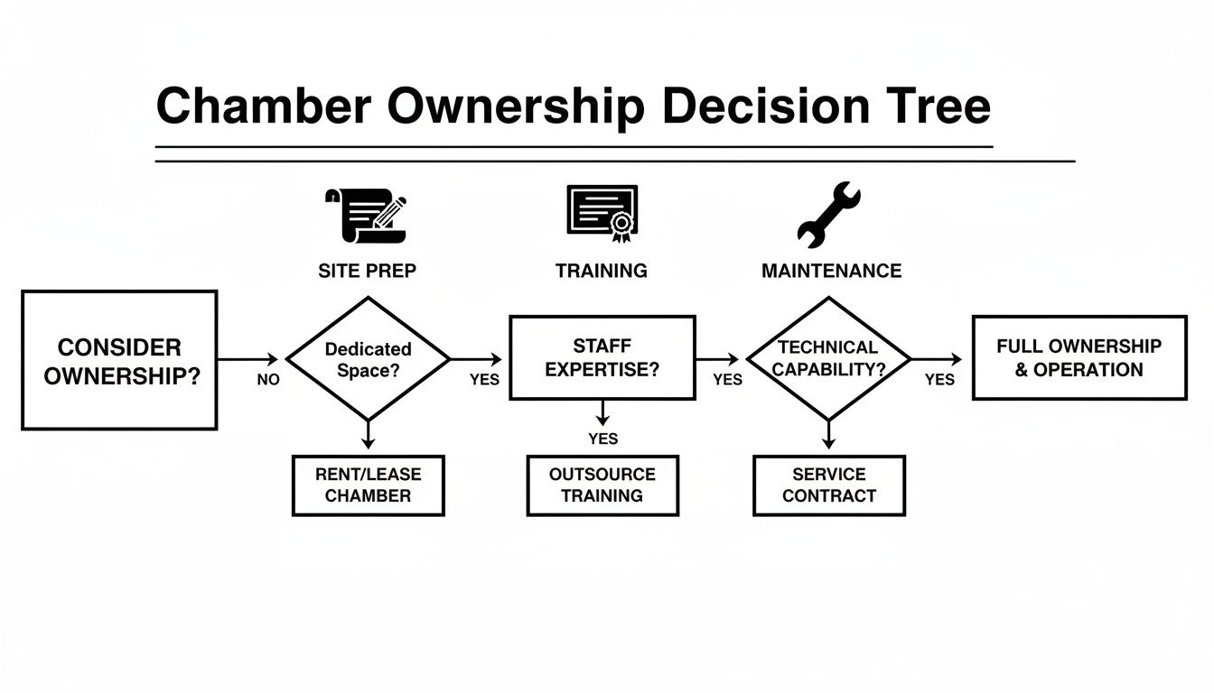 Flowchart detailing the decision process for hyperbaric chamber ownership, covering site prep, training, and maintenance.