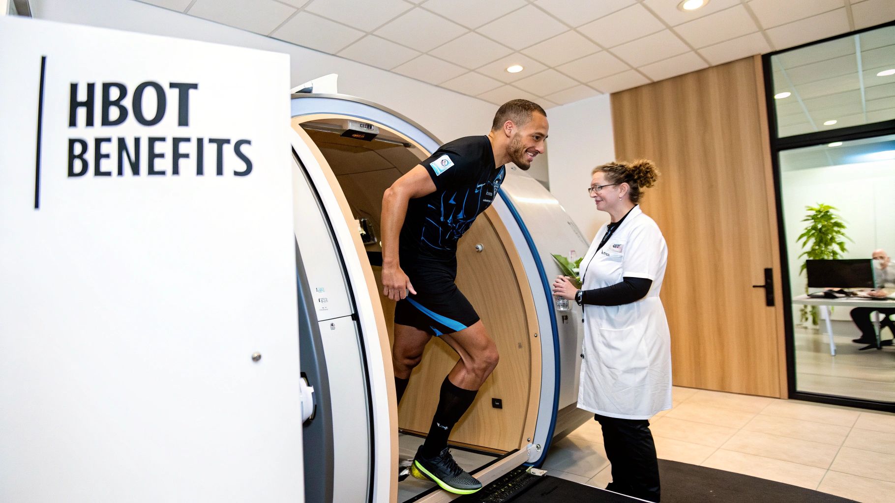 A man in athletic wear enters a hyperbaric oxygen therapy chamber, assisted by a smiling female healthcare professional.
