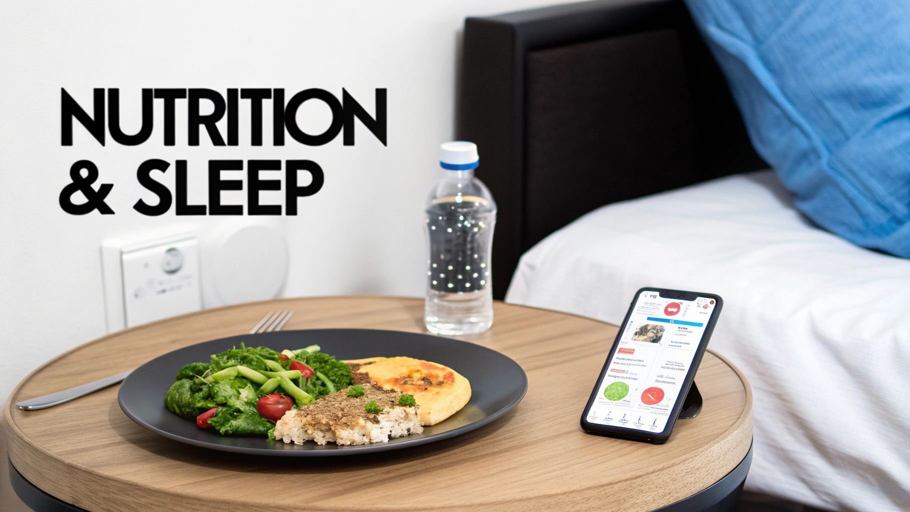 A healthy meal, water bottle, and smartphone with a nutrition app on a bedside table, next to text "NUTRITION & SLEEP".