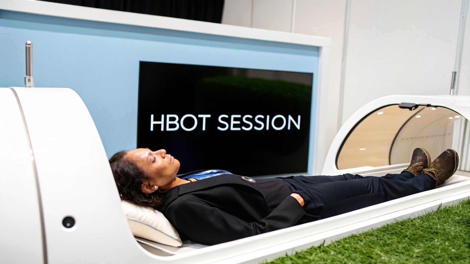 A woman lies comfortably in a white hyperbaric oxygen therapy capsule with 'HBOT SESSION' displayed on a screen.