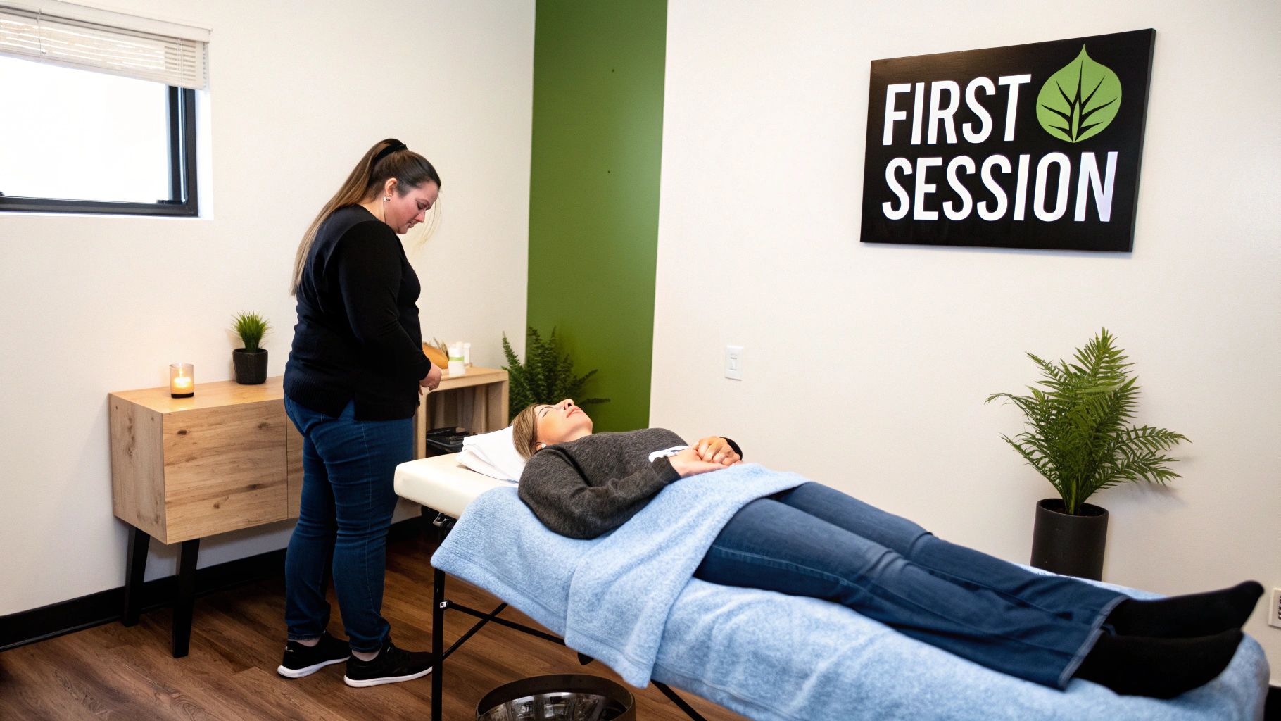 A practitioner administers an energy healing session to a woman lying on a therapy table in a calm room.