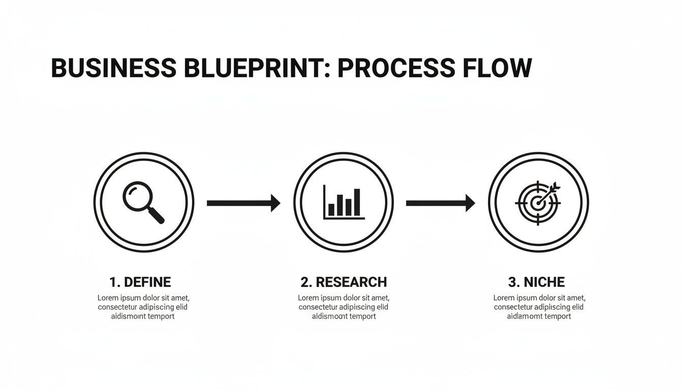 A three-step business blueprint process flow with icons for Define, Research, and Niche.