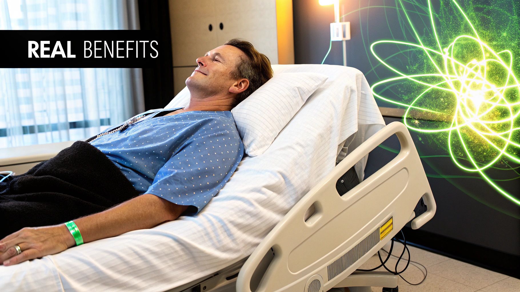 A person relaxing in a serene, futuristic wellness environment.