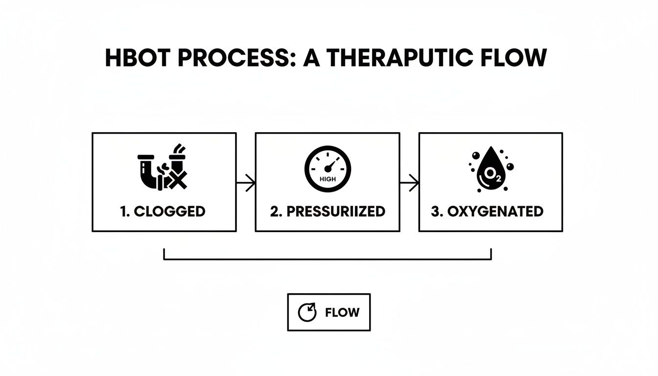 Flowchart showing the HBOT process: starting clogged, then pressurized, and finally oxygenated.