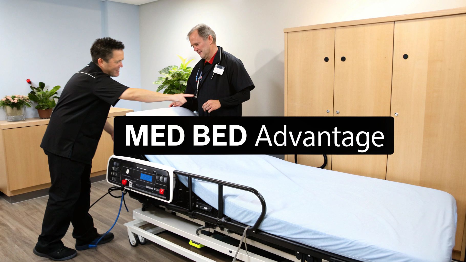 Two men in medical scrubs interact with a modern hospital bed in a clean room.