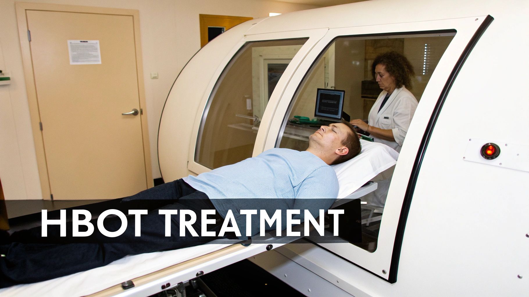 Man receiving hyperbaric oxygen therapy treatment in a chamber, monitored by a medical professional.