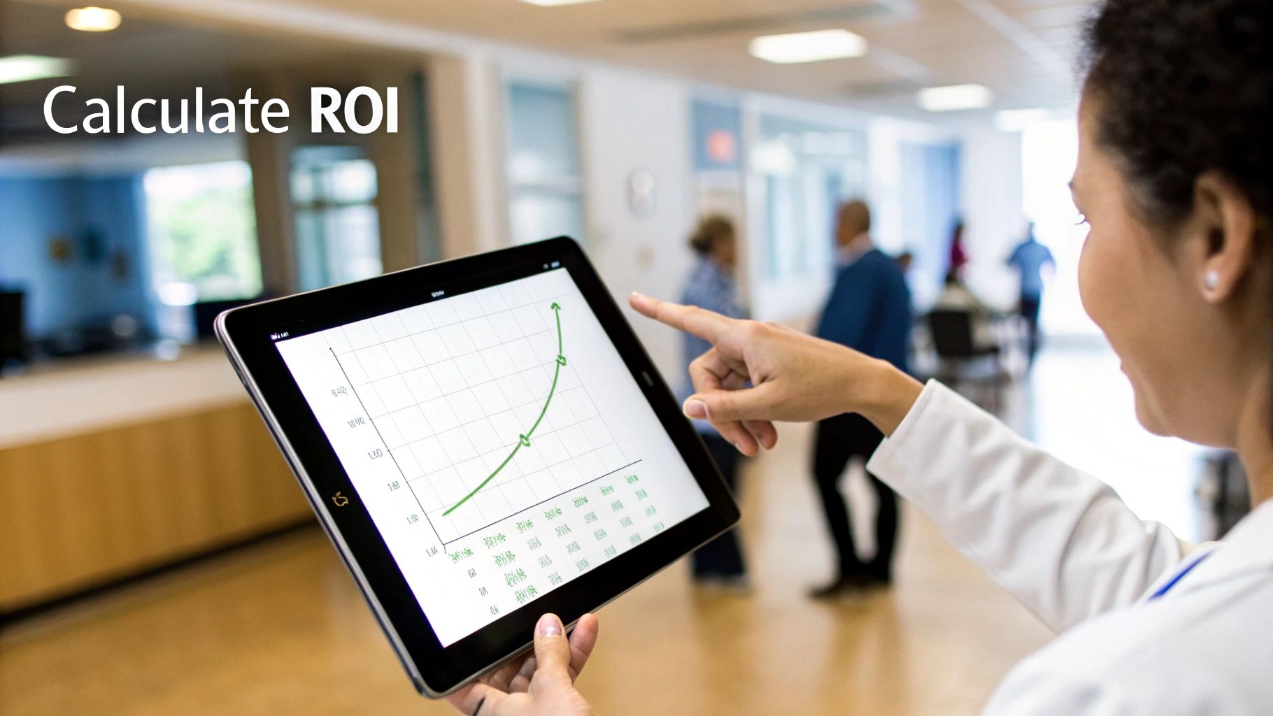 A medical professional calculates ROI on a tablet, showing an upward trending graph in a hospital setting.