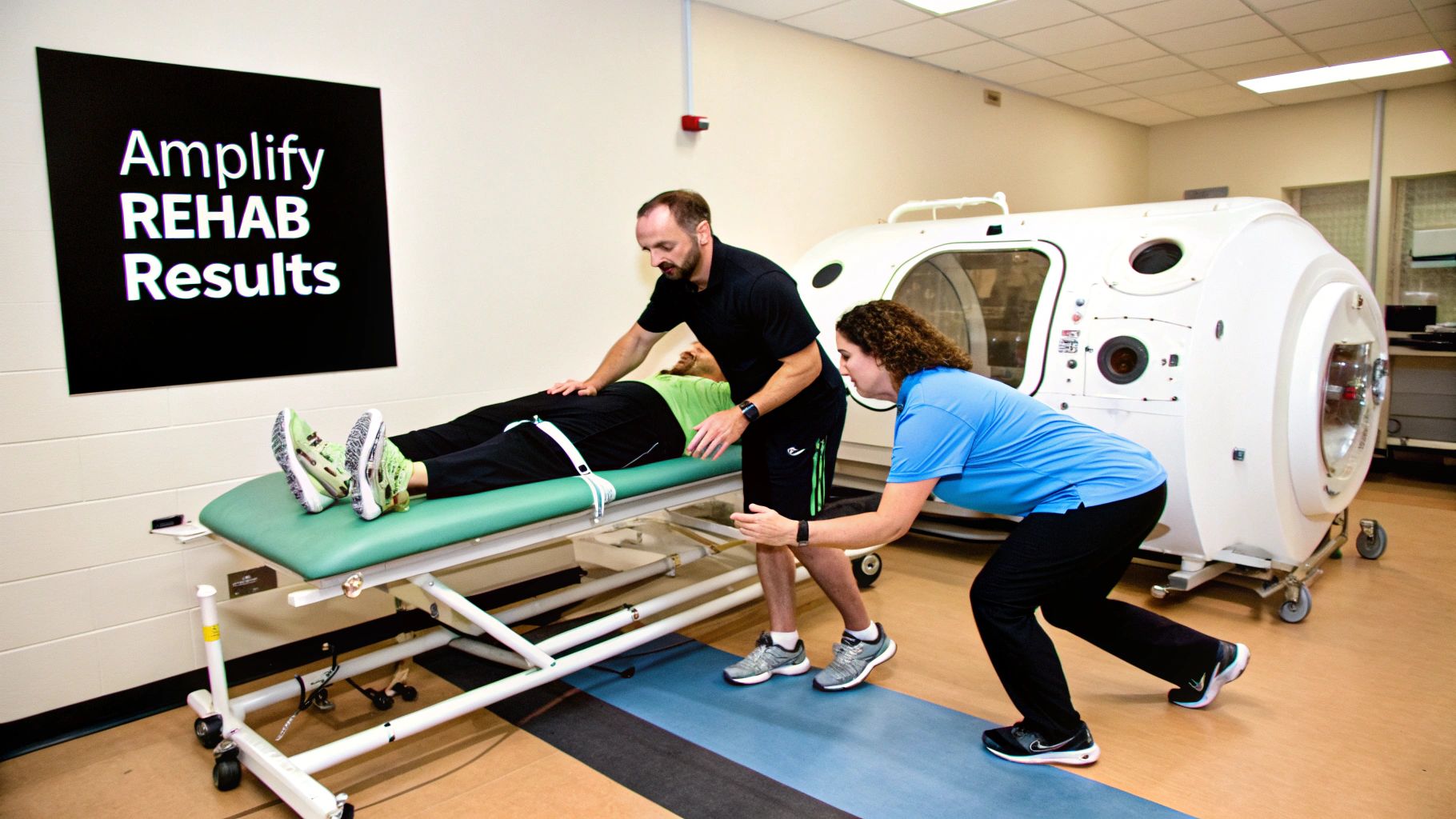 Two therapists assist a patient on a treatment table in a rehabilitation room with a hyperbaric chamber.