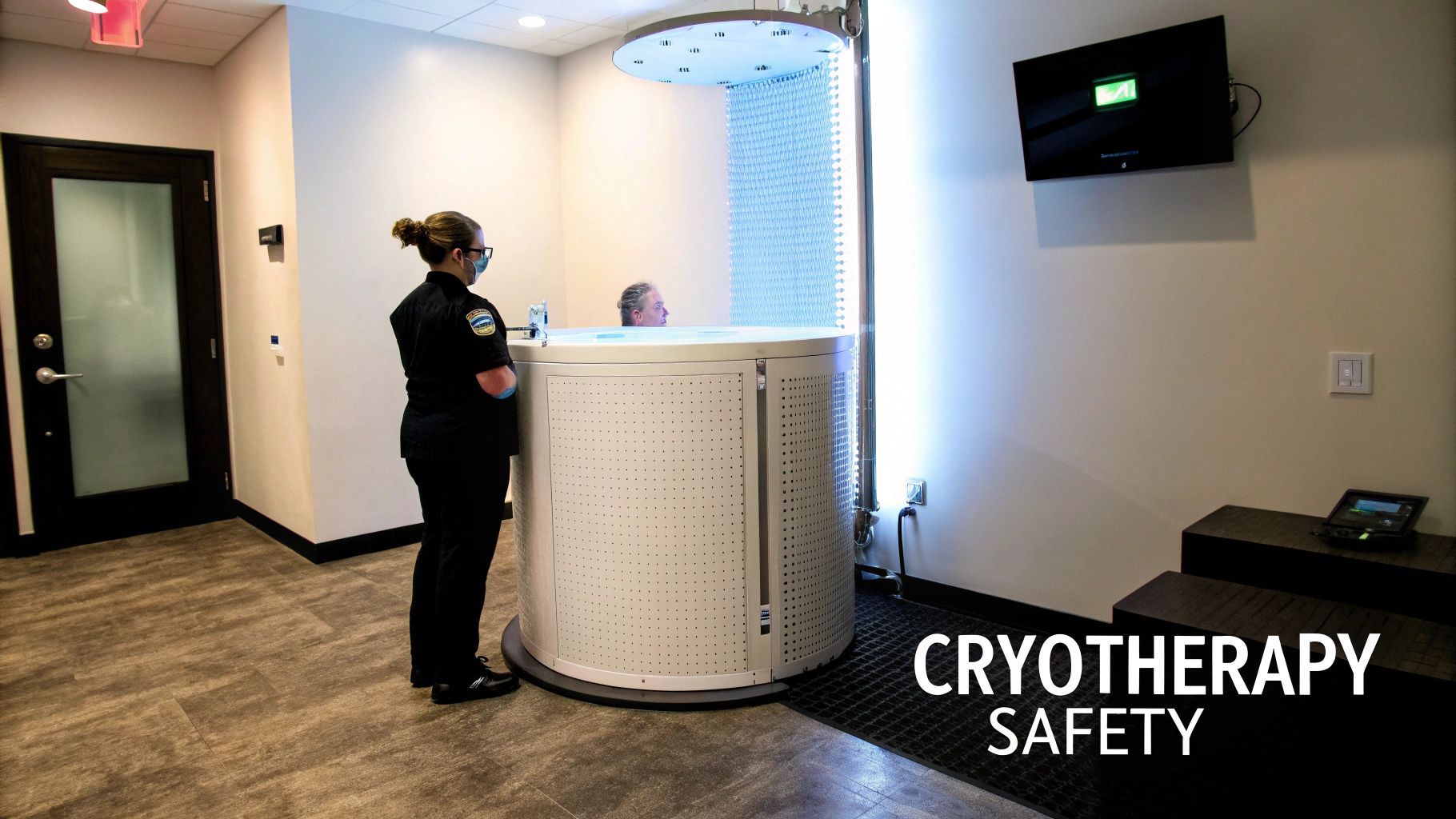 A staff member monitors a person undergoing cryotherapy in a modern chamber, highlighting safety procedures.