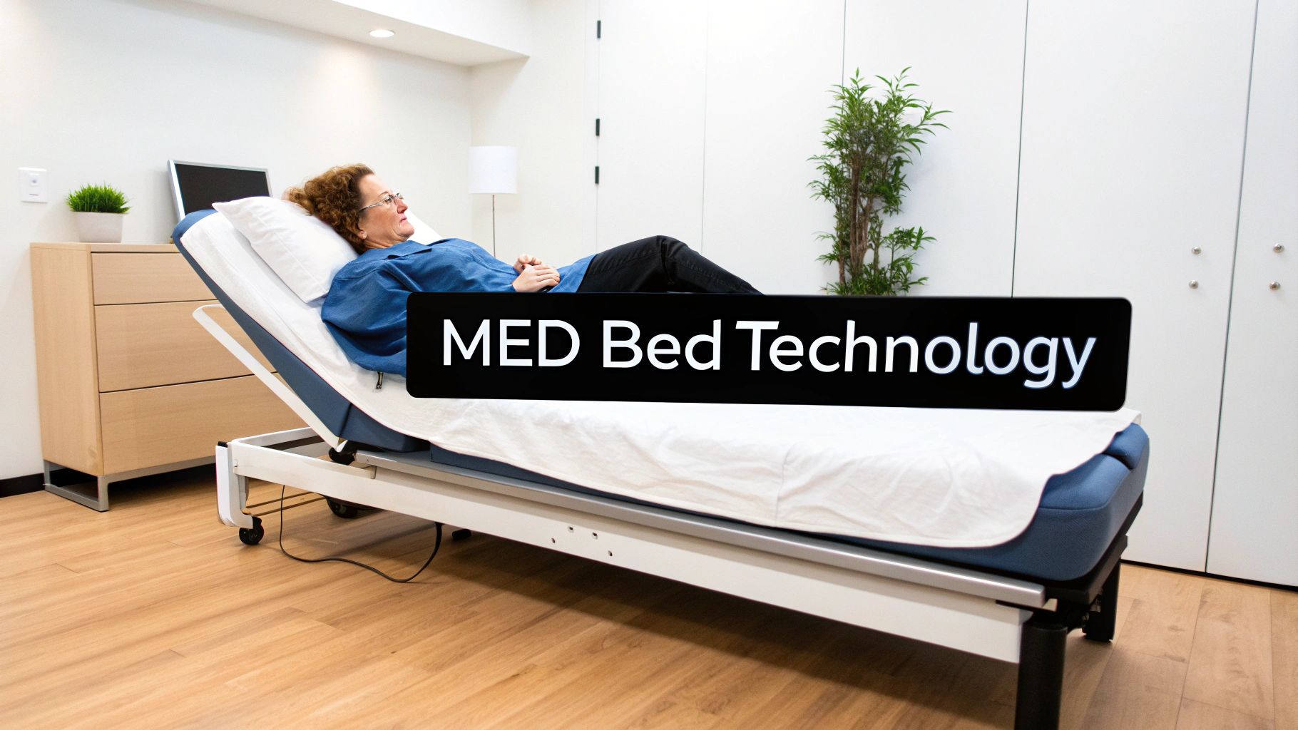 A woman in a blue shirt rests on an adjustable medical bed in a modern, bright room.