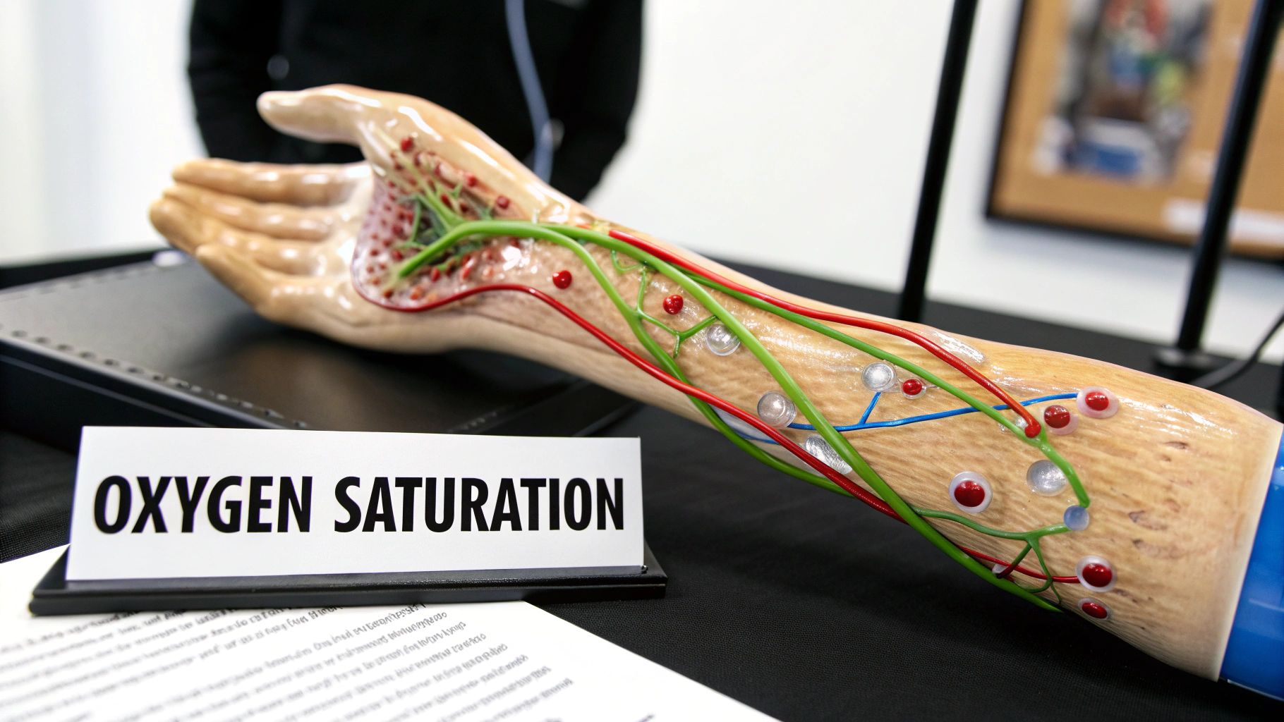 An anatomical model of a human arm with visible blood vessels, nerves, and sensors, next to an 'Oxygen Saturation' sign.