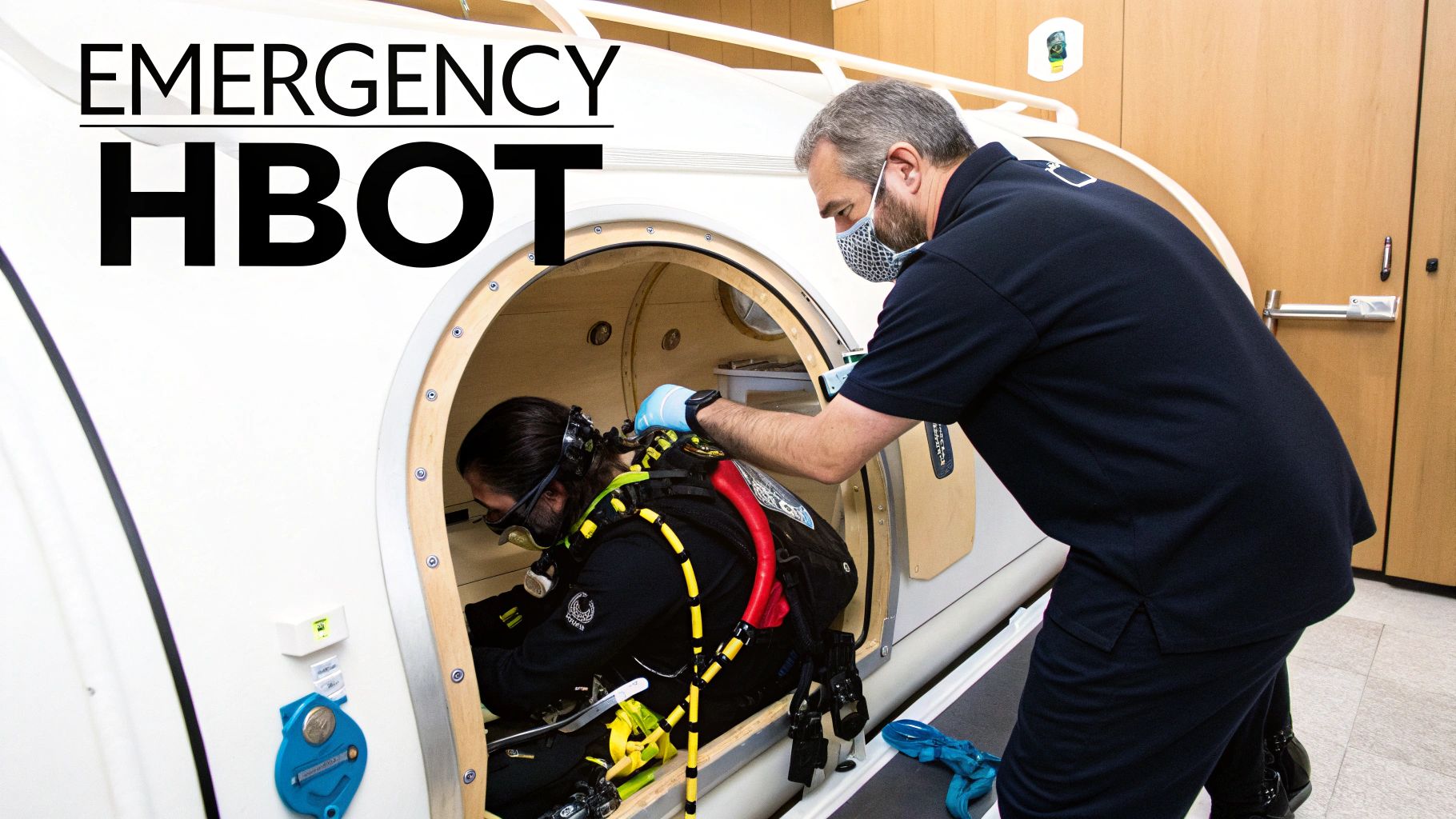 A medical professional assists a person wearing specialized gear into a hyperbaric oxygen chamber.