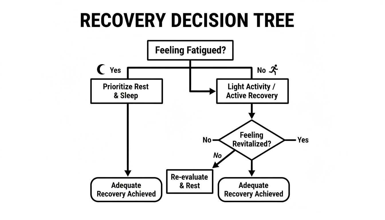 A recovery decision tree flowchart guides choices based on feeling fatigued and revitalized.
