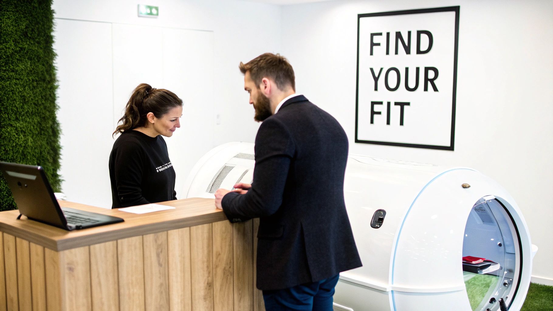 A man and woman at a reception desk next to a hyperbaric chamber and a "FIND YOUR FIT" sign.