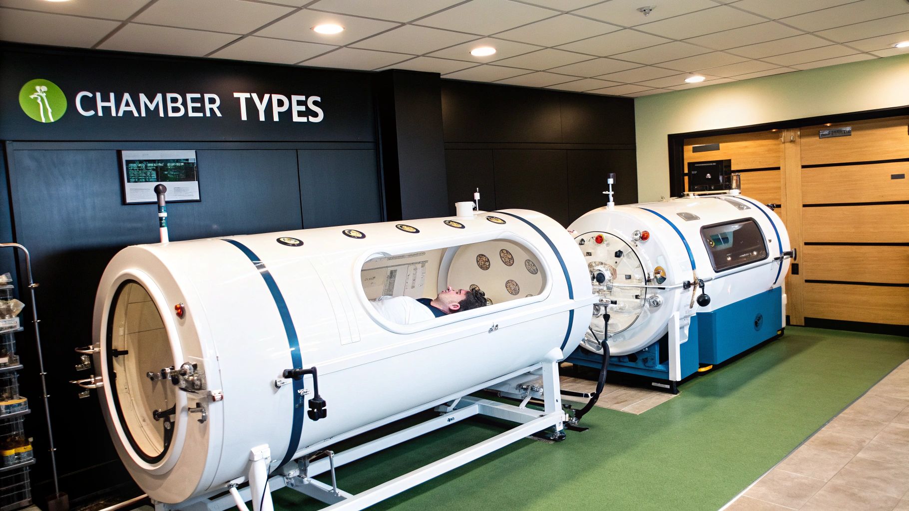 A medical professional assists a patient preparing for a session in a hyperbaric chamber, emphasizing safety.