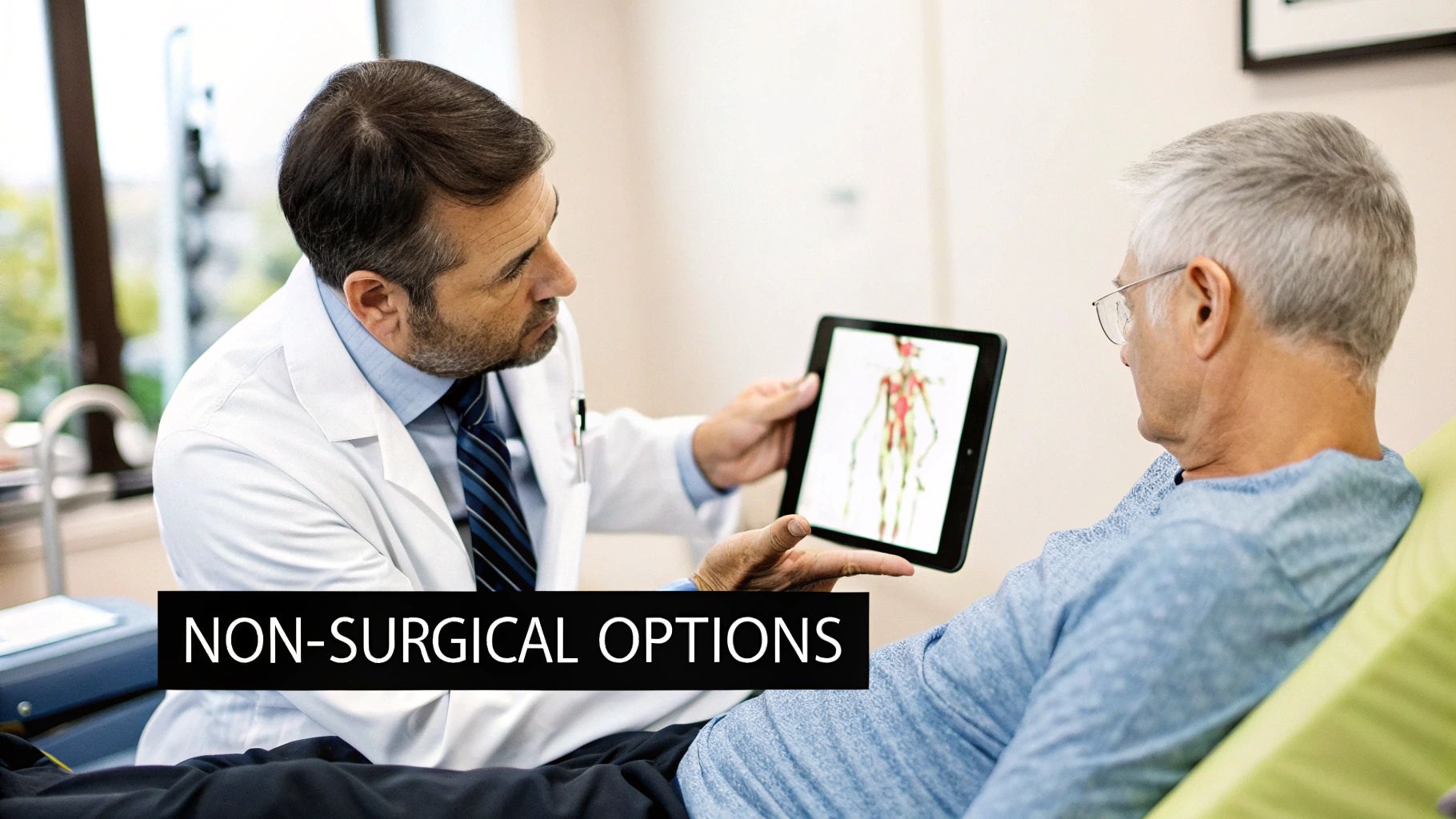 A doctor shows a patient an anatomical image on a tablet, discussing non-surgical options.