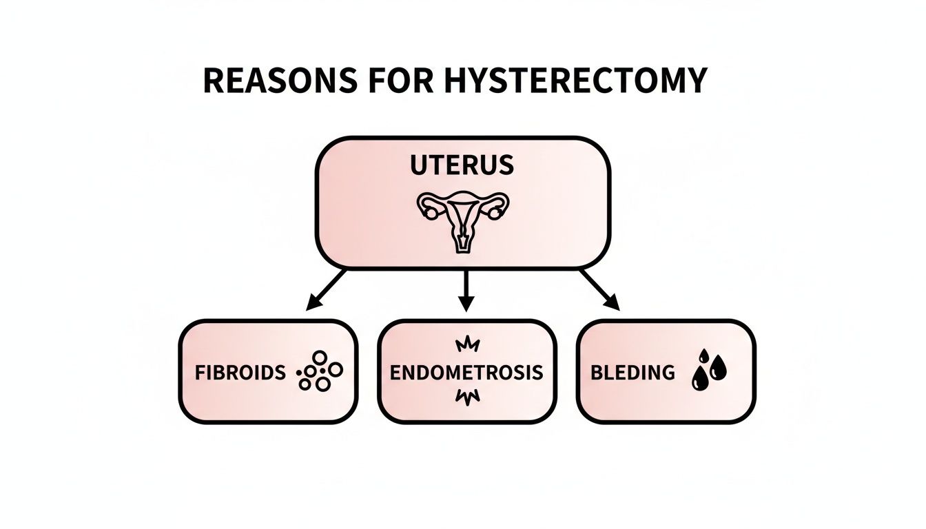 A diagram illustrating reasons for hysterectomy, including fibroids, endometriosis, and excessive bleeding related to the uterus.