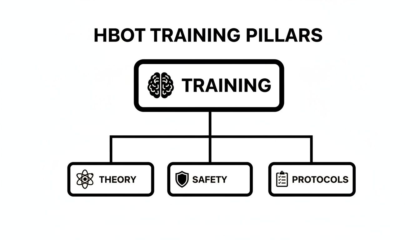 A diagram titled 'HBOT TRAINING PILLARS' showing three components: Theory, Safety, and Protocols, under Training.