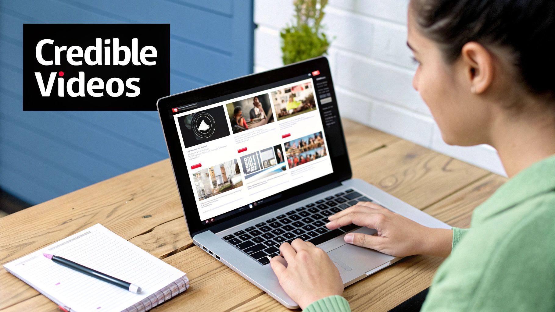 A person using a laptop to search for videos, with a magnifying glass icon over the screen.