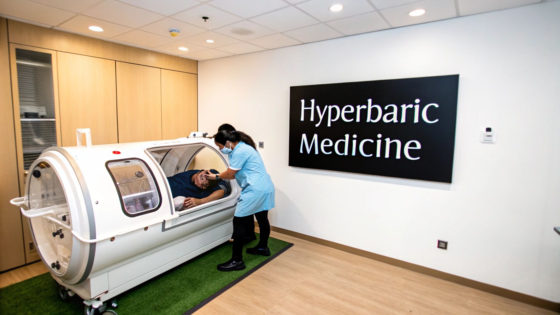 A medical professional assists a patient lying inside a hyperbaric oxygen therapy chamber, below a "Hyperbaric Medicine" sign.