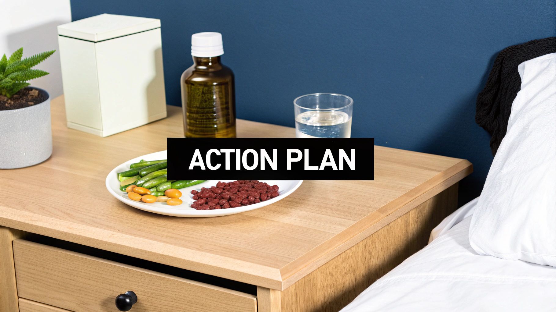 Bedside table with a plate of healthy foods (beans, berries), olive oil, water, and a plant, with 'ACTION PLAN' text.