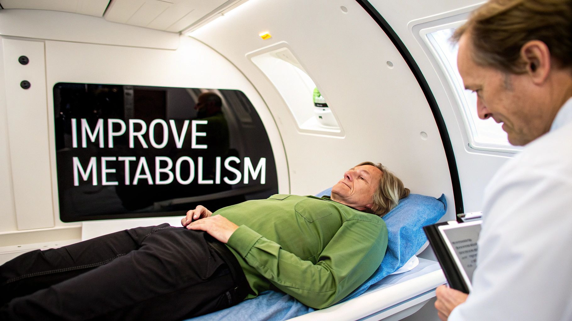 Patient lies in a medical chamber, attended by a doctor, with 'Improve Metabolism' text visible.