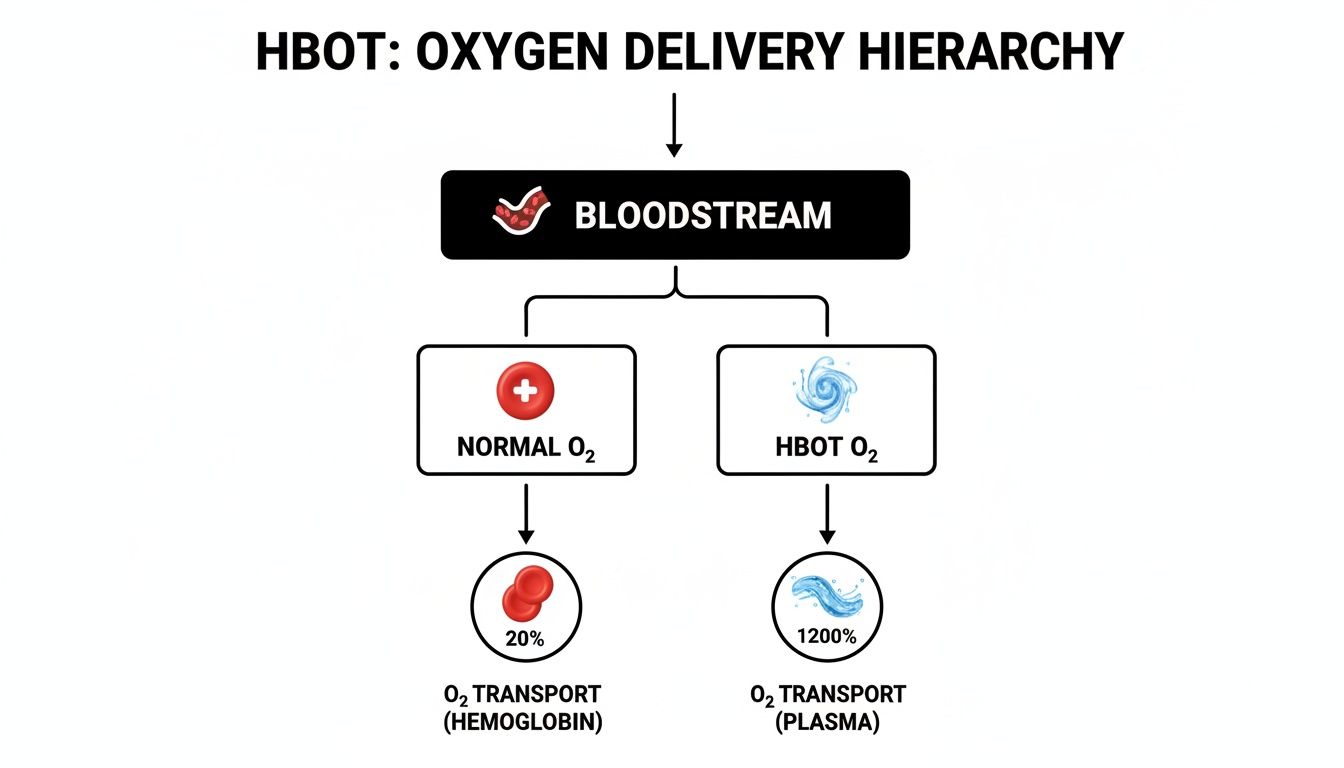 Flowchart illustrating oxygen delivery hierarchy for normal oxygen versus HBOT oxygen in the bloodstream.